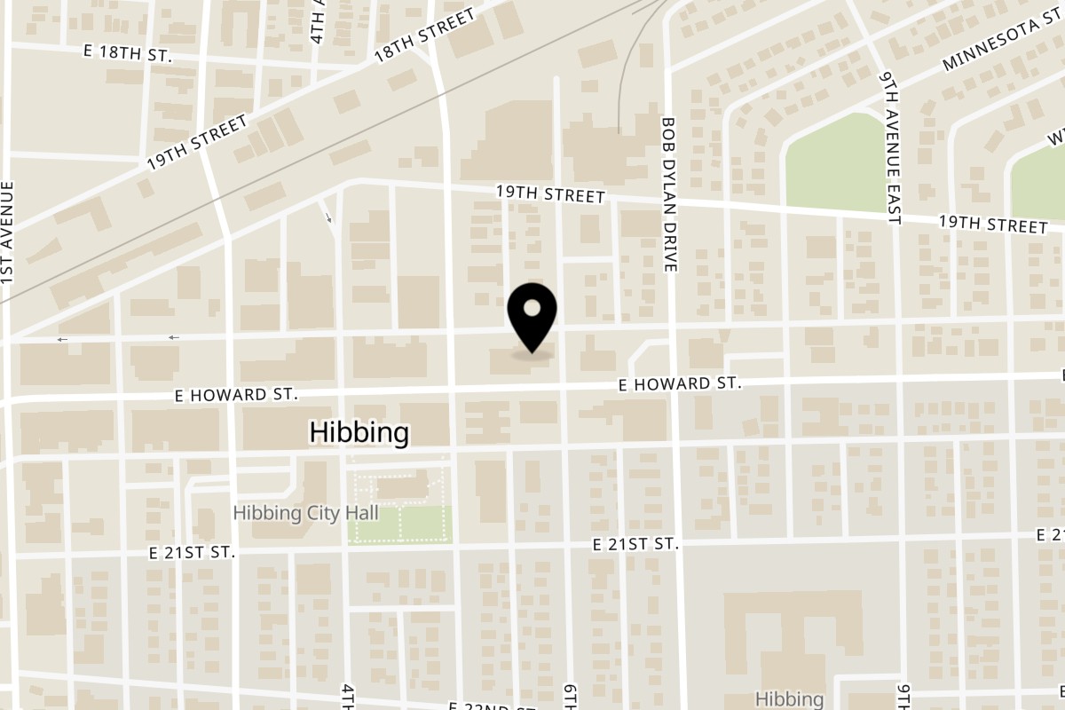 Map showing the location of BoomTown Woodfire Bar & Grill Hibbing on 531 E Howard St in Hibbing